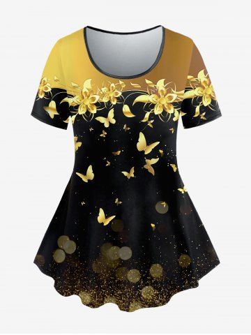 Plus Size Colorblock Butterfly Flower Print Short Sleeves T-shirt - GOLDEN - 4X