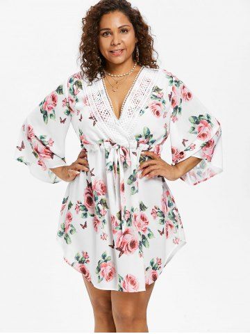 Plus Size Floral Printed Drawstring Waist Lace Insert Dress - WHITE - L | US 12