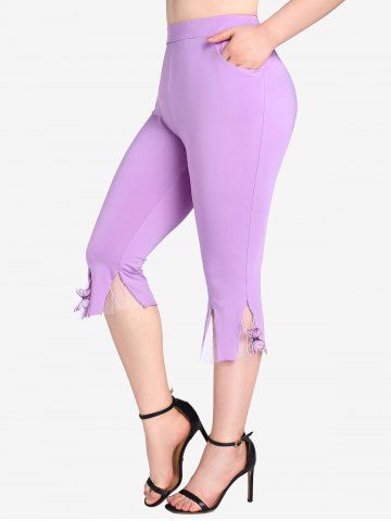 Plus Size Butterfly Lace Panel Pockets Capri Pants