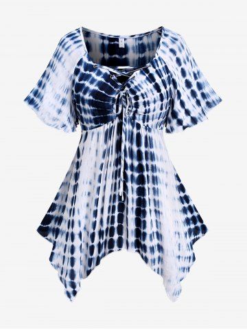 Plus Size Lace Up Ruched Tie Dye Handkerchief Blouse - BLUE - M | US 10