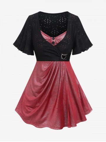 Plus Size Surplice Heart Buckle Buttons Hollow Out T-shirt - RED - L | US 12