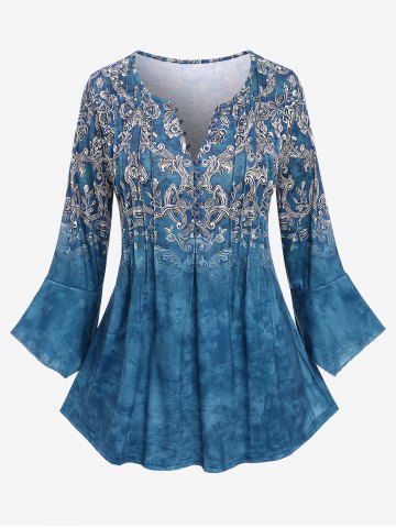 Plus Size Ruched Buttons Floral Figure Printed T-shirt - BLUE - XL