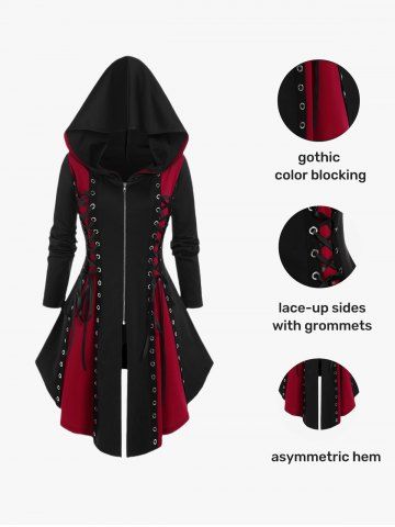 Hooded Lace Up Grommets Colorblock Gothic Coat