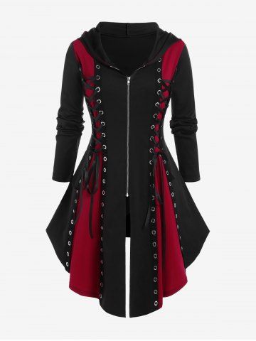 Hooded Lace Up Grommets Colorblock Gothic Coat