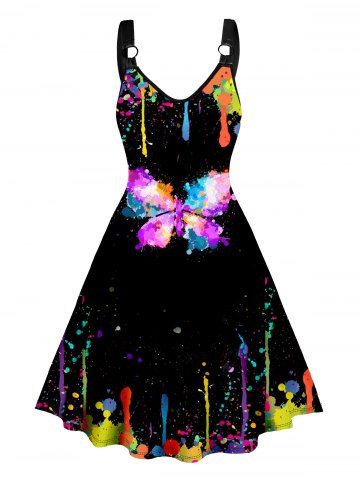 Butterfly Splash Ink Print O-ring Strap V Neck High Waisted A Line Mini Dress - BLACK - XXL