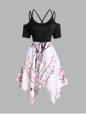 Peach Blossom Flower Print Lace Up Crisscross Cold Shoulder Asymmetrical Midi Dress - BLACK - L