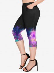 Plus Size Galaxy Glitter Print Pockets Capri Leggings -  