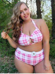 Plus Size Bowknot Halter Padded Checkerboard Tankini Swimsuit -  