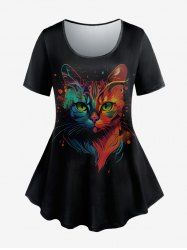 Plus Size Paint Splatter Cat Print Short Sleeves T-shirt - Noir M