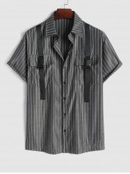 Men's Vertical Stripes Printed Flap Pocket Buckle Strap Design Drop-shoulder Sleeves Button Front Shirt -  
