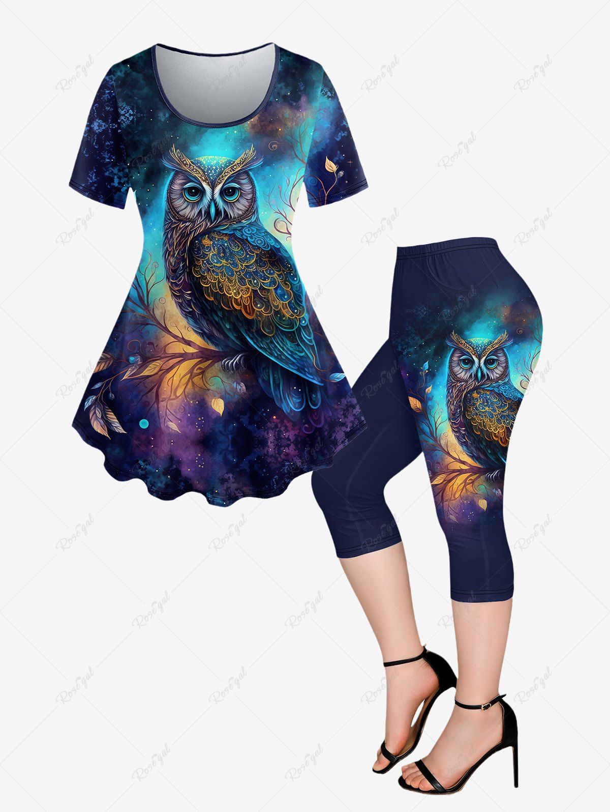 Discount Plus Size Galaxy Owl Branch Printed Short Sleeves T-shirt and Pockets Capri Leggings Outfit  