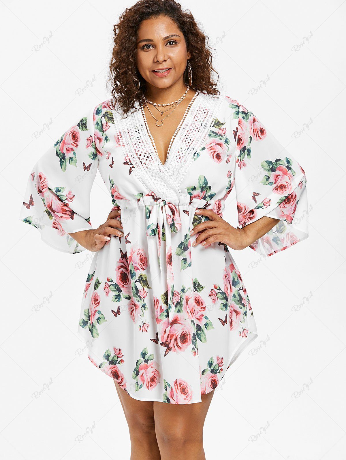 Outfits Plus Size Floral Printed Drawstring Waist Lace Insert Dress  