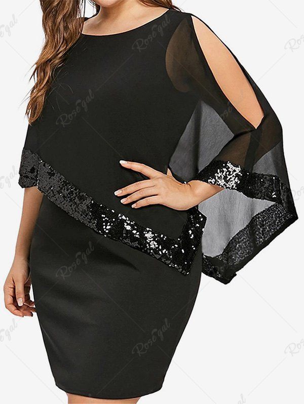 Buy Plus Size Cold Shoulder Sparkling Sequin Sheer Dress  