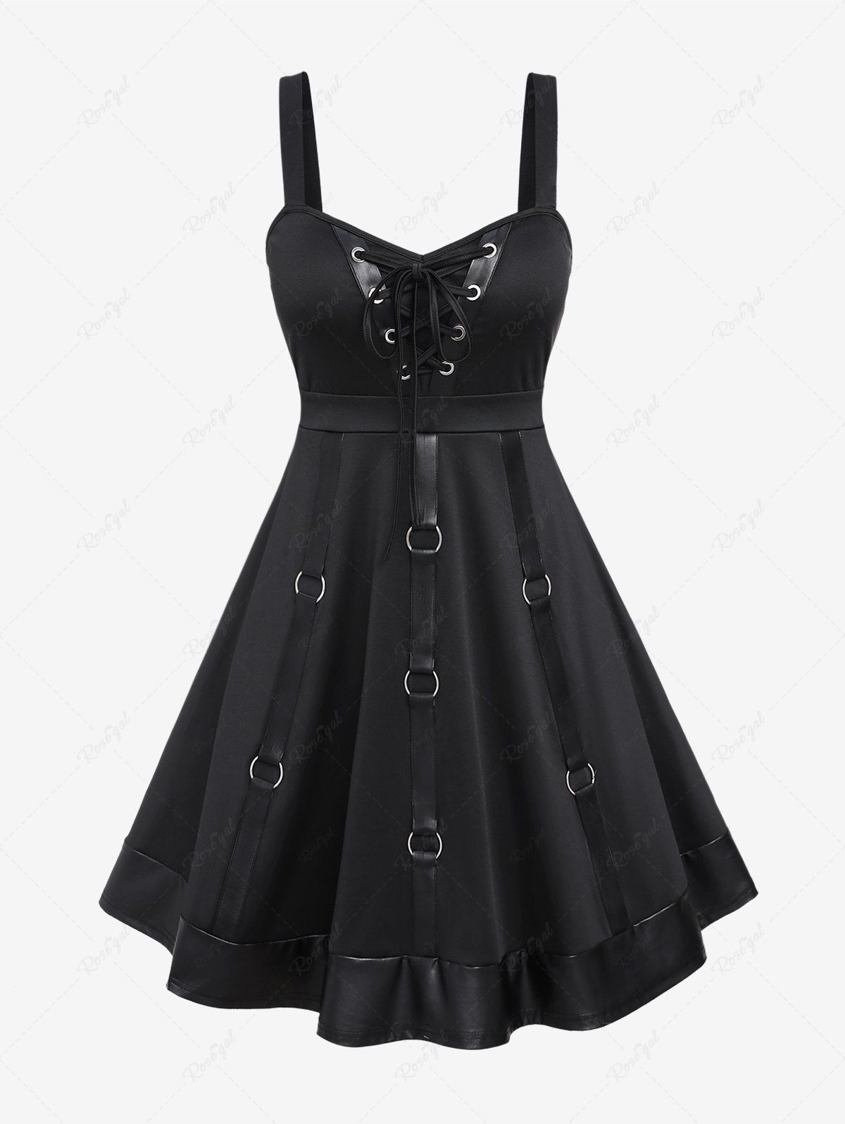 Shops Plus Size Lace Up O-ring PU Leather Stripe Patchwork Vintage A Line Tank Dress  