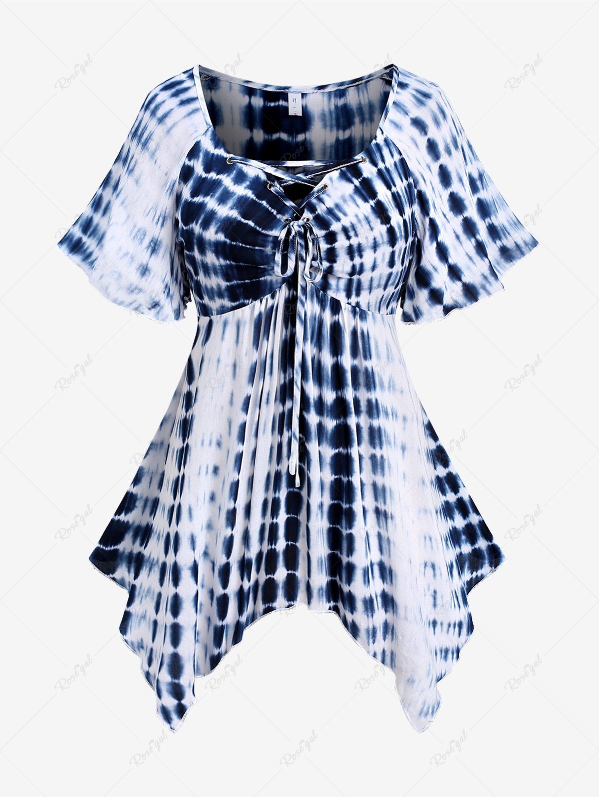 Store Plus Size Lace Up Ruched Tie Dye Handkerchief Blouse  