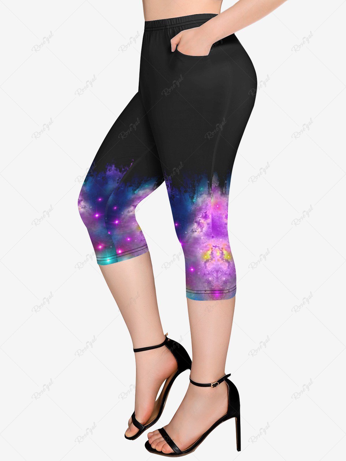 Latest Plus Size Galaxy Glitter Print Pockets Capri Leggings  