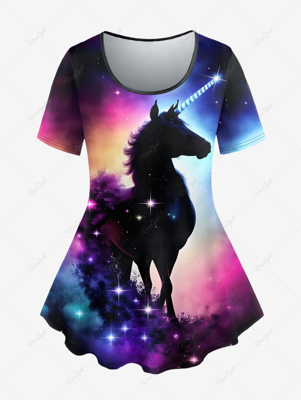 Cheap Plus Size Galaxy Unicorn Glitter Print Short Sleeves T-shirt  