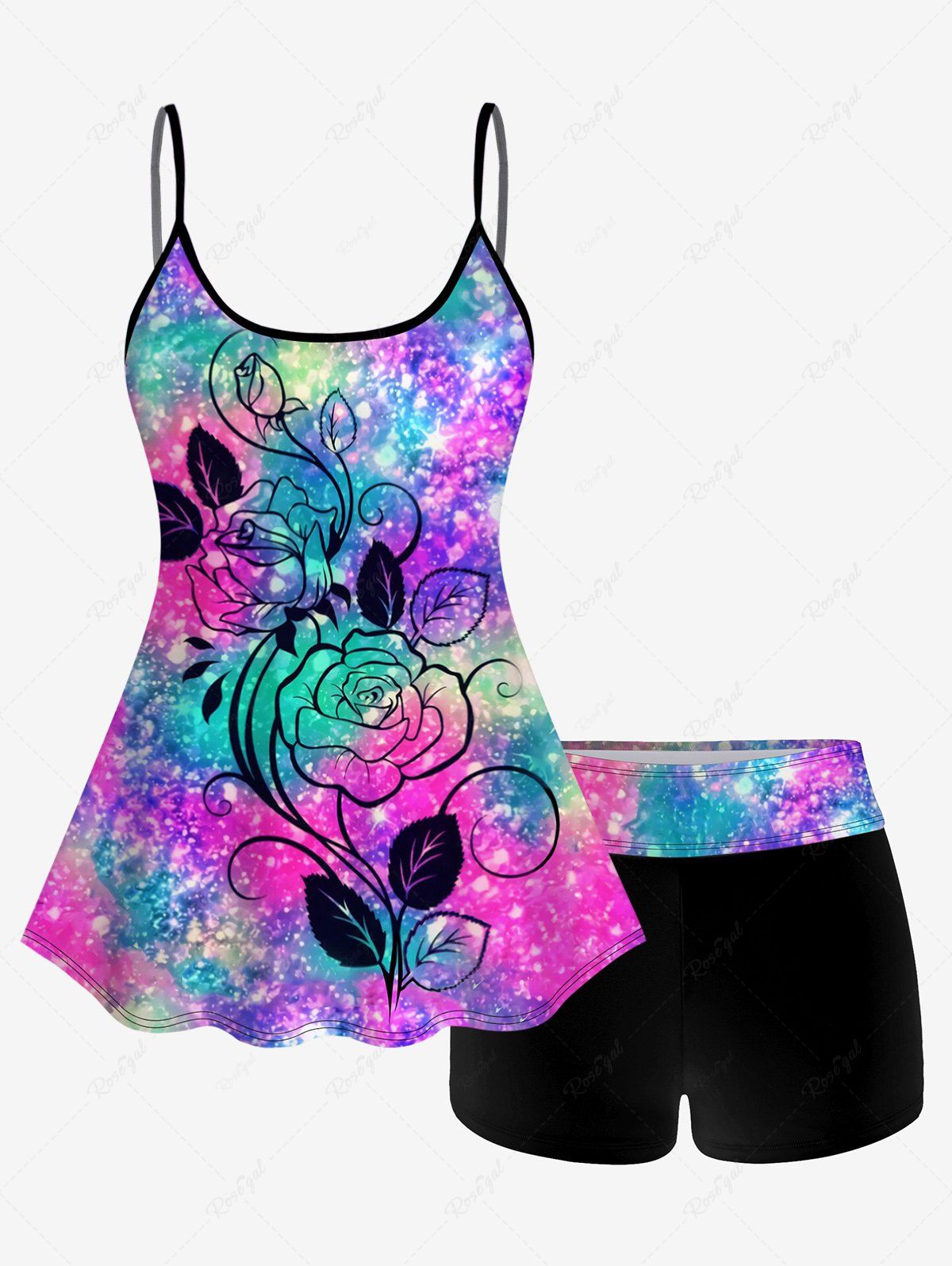 Store Galaxy Glitter Flower Print Boyleg Tankini Swimsuit (Adjustable Shoulder Strap)  