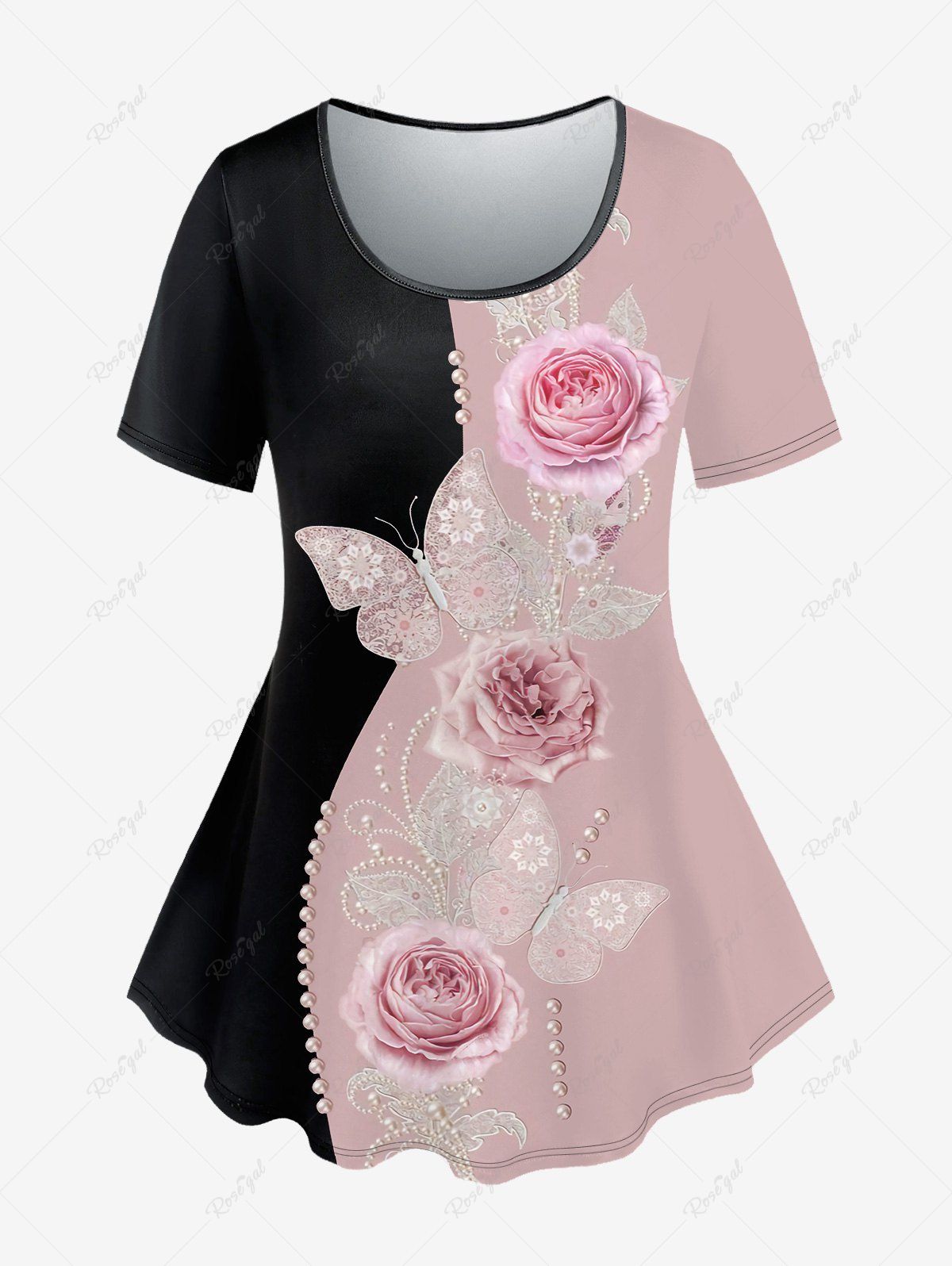 Buy Plus Size Flower Butterfly Pearls Colorblock Print Short Sleeves T-shirt  