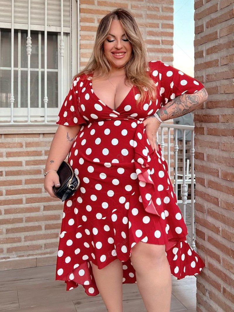New Plus Size  Polka Dot Flounce High Low Surplice Dress  