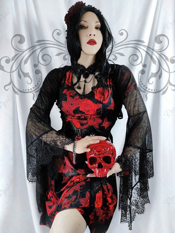 Chic Gothic Skull Rose Print A Line Tee Dress  
