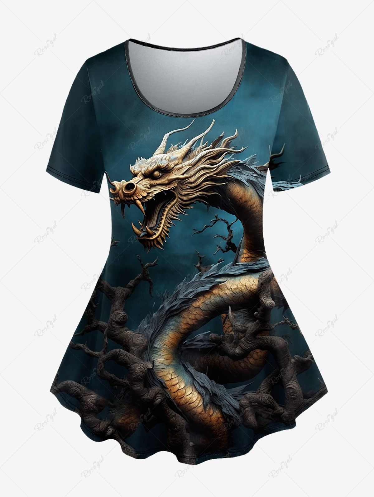 T-shirt Gothique Ombré Dragon Imprimé à Manches Courtes Noir 2X