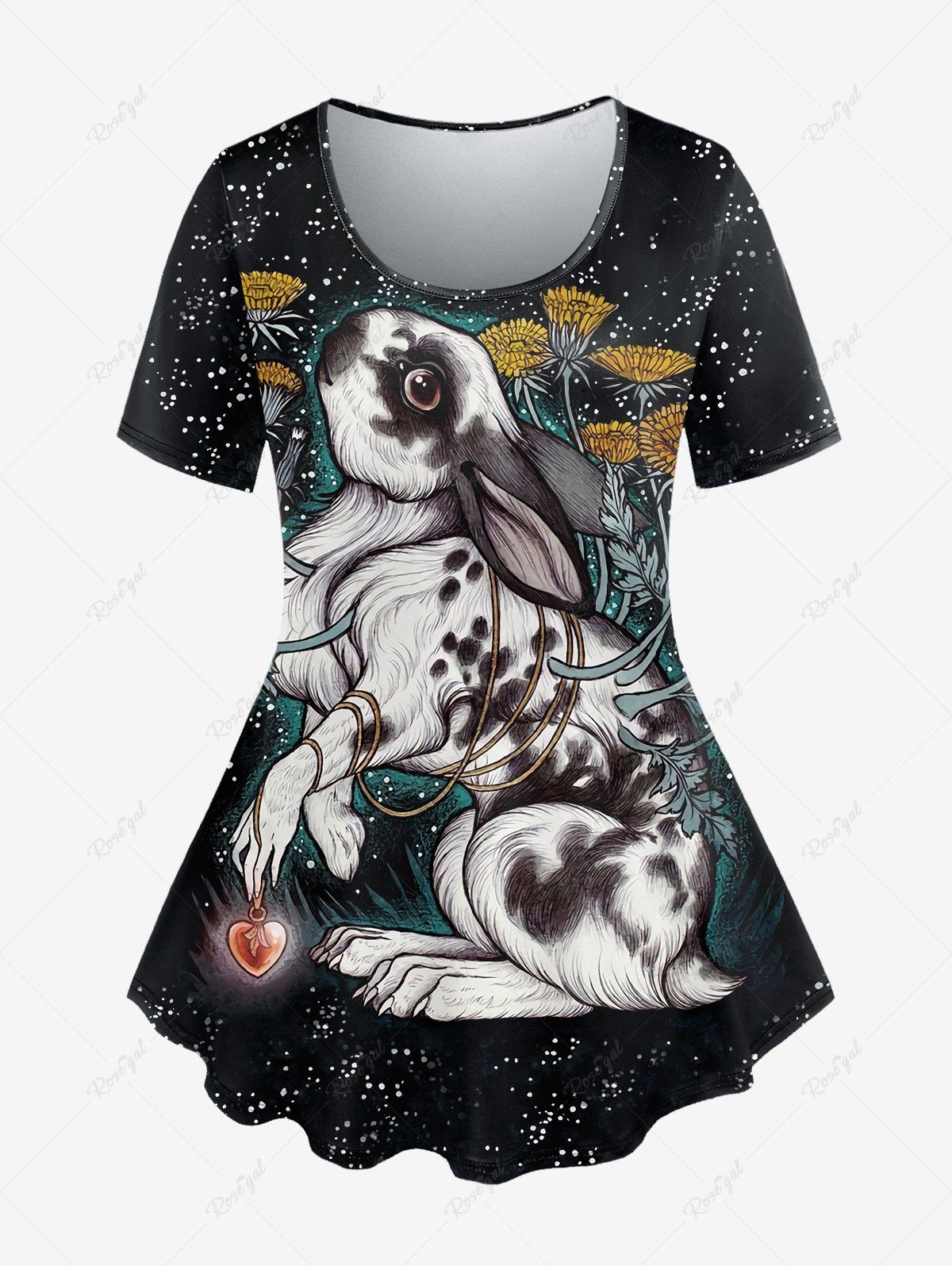 Latest Gothic Rabbit Heart Flower Sparkling Sequin Print T-shirt  
