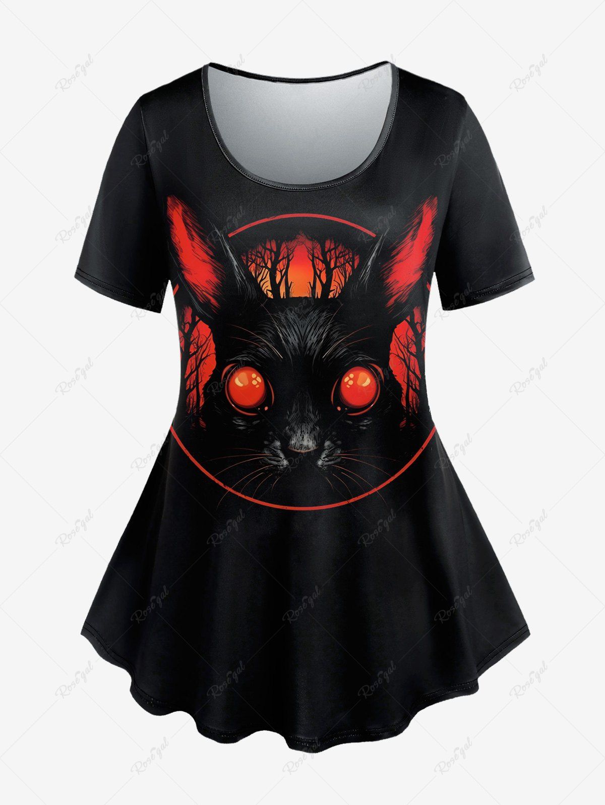 T-shirt Gothique Lapin Arbre Lune Imprimés à Manches Courtes Noir XS