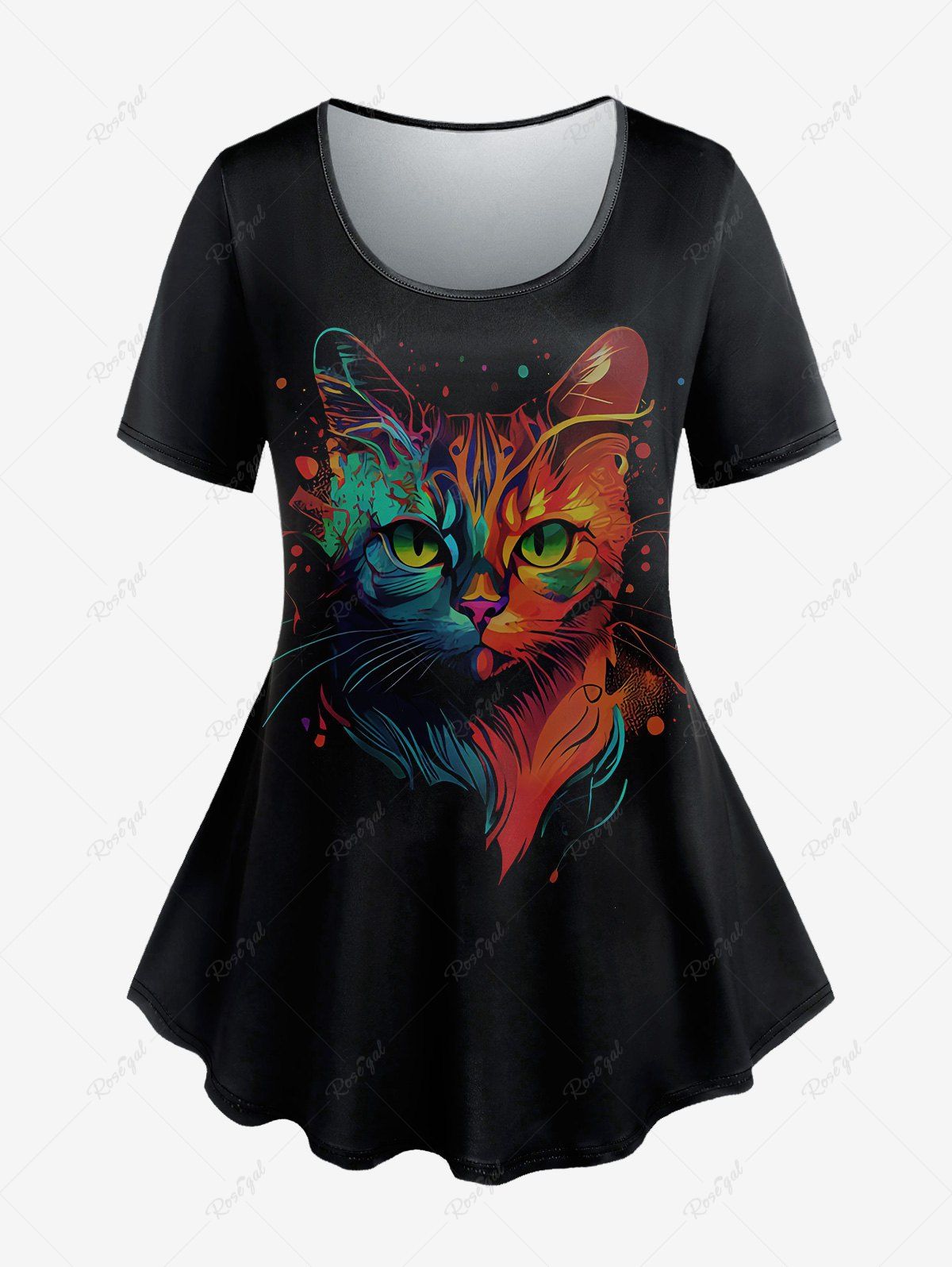 Plus Size Paint Splatter Cat Print Short Sleeves T-shirt Noir M