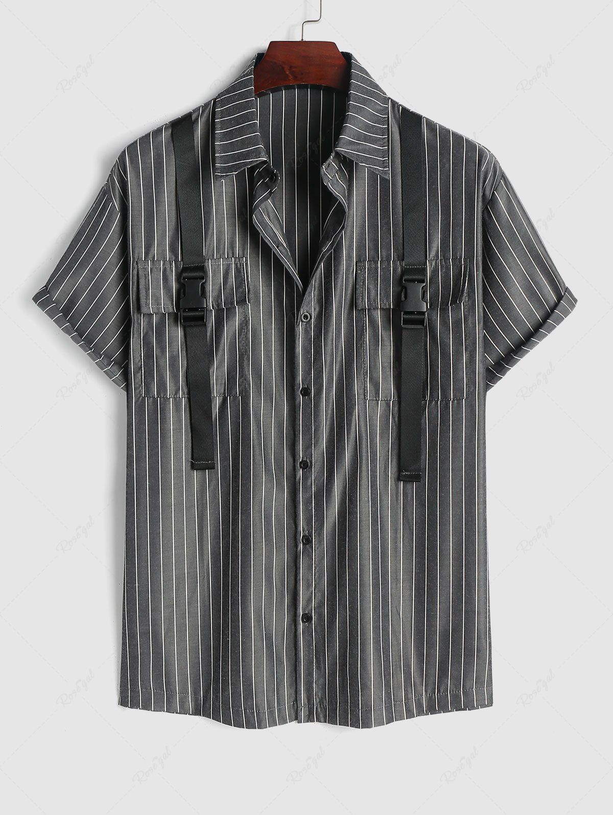 Chemise à Rayure Verticale Imprimée Boucle à Goutte Epaule avec Poche à Rabat Design Gris XXL
