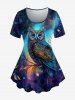Plus Size Galaxy Owl Branch Printed Short Sleeves T-shirt and Pockets Capri Leggings Outfit -  