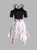 Robe Mi-Longue Asymétrique Croisée à Imprimé Fleur de Pêcher à Lacets à Epaules Dénudées - Noir L