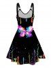Butterfly Splash Ink Print O-ring Strap V Neck High Waisted A Line Mini Dress -  