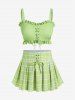 Plus Size Lace-up Ruffles Backless Top and Pleated Plaid Skirt Padded Tankini Swimsuit -  