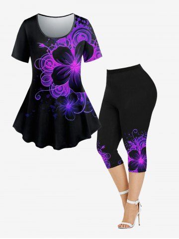 Flower Printed Short Sleeves T-shirt and Pockets Capri Leggings Plus Size Matching Set - PURPLE