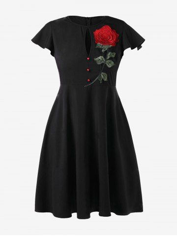 Plus Size Buttons Rose Embroidered Vintage Dress - BLACK - 3X | US 22-24