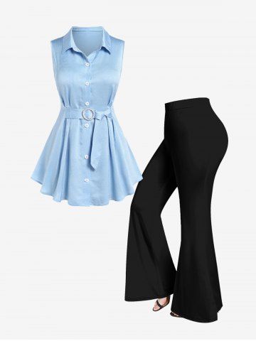 Sleeveless Buttons Buckle Belt Shirt and Flare Pants Plus Size Summer Outfit - LIGHT BLUE