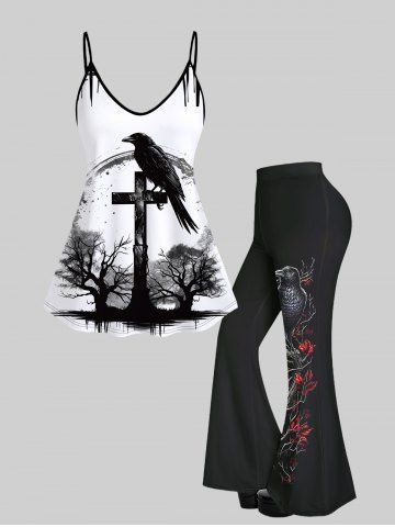 Gothic Bird Cross Tree Printed Cami Top (Adjustable Shoulder Strap) and Leaves Tree Branch Bird Printed Flare Pants Outfit