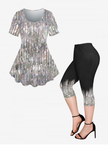 Sparkling Sequin Print Glitter T-shirt and Capri Leggings Plus Size Outfits - SILVER