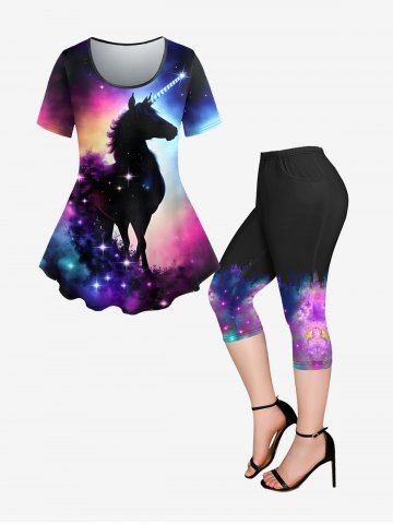 Galaxy Unicorn Glitter Short Sleeves T-shirt and Capri Leggings Plus Size Matching Set - BLACK