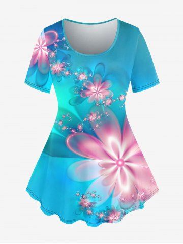 Plus Size Flower Light Beam Print Short Sleeves T-shirt - LIGHT BLUE - S