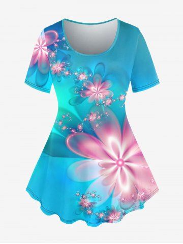 Plus Size Flower Light Beam Print Short Sleeves T-shirt - LIGHT BLUE - 5X