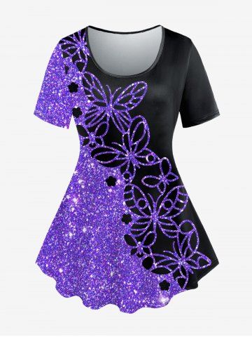 Plus Size Colorblock Butterfly Sparkling Sequin Print Short Sleeves T-shirt - PURPLE - L