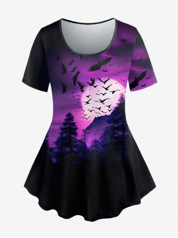 Gothic Moon Mountain Tree Birds Print Short Sleeves T-shirt