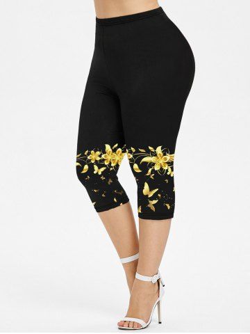Plus Size Flower Butterfly Print Capri Leggings - GOLDEN - S