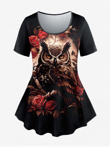 Plus Size Flower Owl Print Short Sleeves T-shirt - BLACK - XS