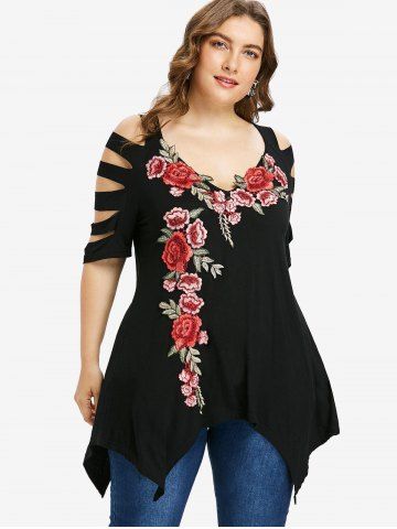 Plus Size Embroidery Ripped Hollow Out Short Sleeves T-shirt - BLACK - M | US 10