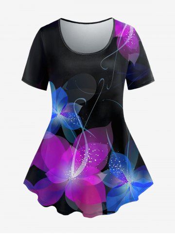 Plus Size Glitter Flower Print T-shirt - MULTI - 4X
