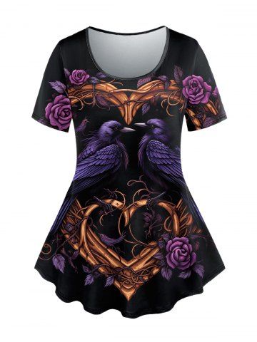 Gothic Birds Heart Flower Print Short Sleeves T-shirt - BLACK - 1X
