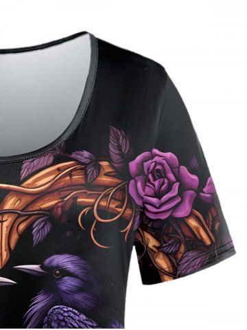 Gothic Birds Heart Flower Print Short Sleeves T-shirt